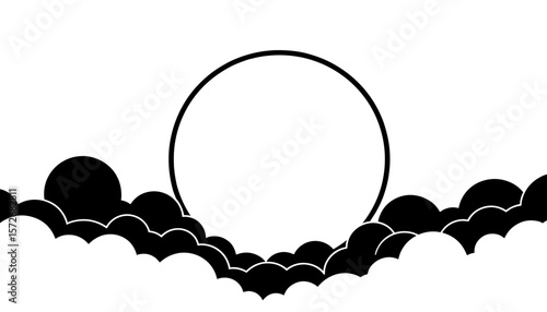 Silhouette of round moon and clouds, black and white Chinese New Year symbol