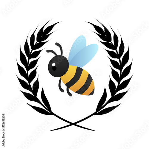Bee with a laurel wreath vector symbol of nature and hard work. Evening illustration
