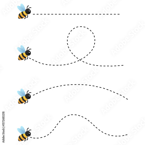 Flying bees with dotted flight path vector set