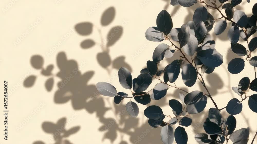 Silhouette of a leafy tree branch on a white background, with sunlight casting shadows.