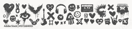 Punk graffiti drip vector icon set with dotted effect. Cassette tape, skull, chains, hearts, arrows in grunge stencil halftone drip style. Urban rock shapes for posters, music stickers, graphics.
