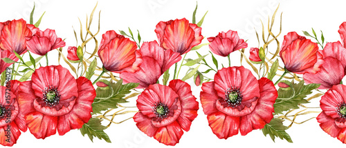 Wallpaper Mural Seamless Poppy Garland with Flowers and Leaves. Botanical Seamless Horizontal  Background. Poppy Watercolor Illustration. Red Poppy Flower Design. Poppies garland seamless. Poppy Border Frame Torontodigital.ca