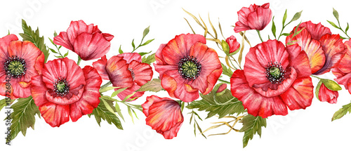 Wallpaper Mural Seamless Poppy Garland with Flowers and Leaves. Botanical Seamless Horizontal  Background. Poppy Watercolor Illustration. Red Poppy Flower Design. Poppies garland seamless. Poppy Border Frame Torontodigital.ca