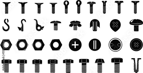 Collection of black silhouette icons representing various types of screws nuts and bolts