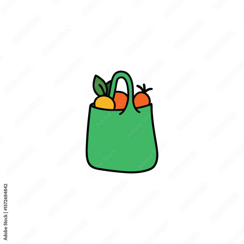 A green reusable grocery bag is full of fresh produce A green reusable grocery bag is full of fresh produce