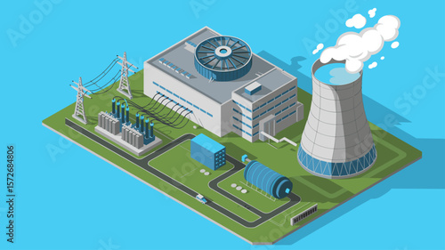 isometric view of a nuclear power plant with cooling tower and substation, vector illustration for modern power generation, electricity production and industrial energy infrastructure