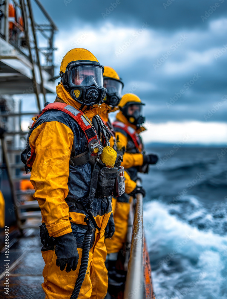 Obraz premium A group of divers in yellow protective suits stands on the deck, bracing against turbulent seas.