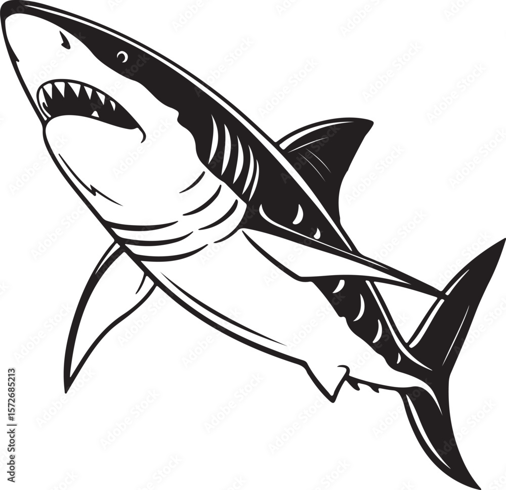 Fototapeta premium Dynamic vector image of a shark jumping above the ocean surface