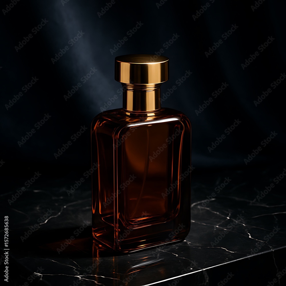 A rectangular amber glass perfume bottle with a gold cap, displayed on a dark marble surface. A rectangular amber glass perfume bottle with a gold cap, displayed on a dark marble surface.