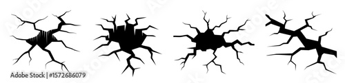 Cracked Concrete Surface Silhouette Collection with Deep Jagged Fissures, Flat Black Vector Illustrations for Urban, Grunge, and Texture Design Concepts on White Background