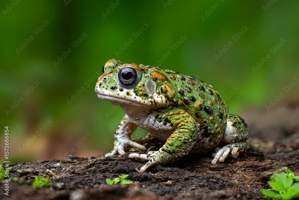 This striking close-up captures a colorful frog resting on a log, showcasing its intricate patterns and vibrant green hues against a soft, blurred background. This striking close-up captures a colorful frog resting on a log, showcasing its intricate patterns and vibrant green hues against a soft, blurred background.