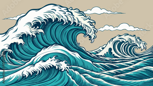 Vector art of a vintage illustration depicts powerful ocean waves crashing under a cloudy sky, evoking a sense of natures raw energy