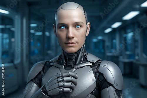 Futuristic AI robot with thoughtful expression in a modern lab setting