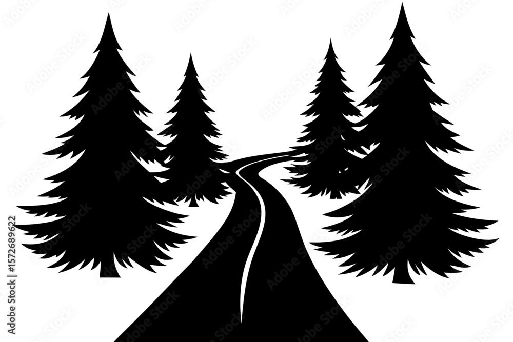 Fototapeta premium Vector art of silhouette of Road Through the Pines