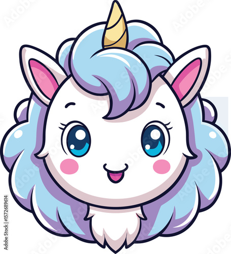 chibi style unicorn head with fluffy mane and shy smile