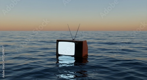Old retro television floating on calm ocean water against a clear sky. Media consumption, escapism, information glut concept.