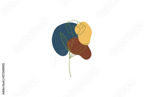 Minimalist abstract flower illustration with single line art and colorful geometric shapes in blue, yellow, and brown