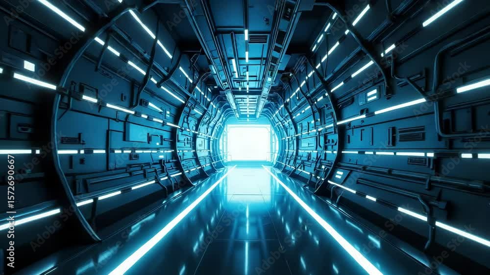 Abstract tech tunnel fly-through shows a futuristic corridor with reflective floors and illuminated panels. Abstract tech tunnel fly-through design suggests technological progress.