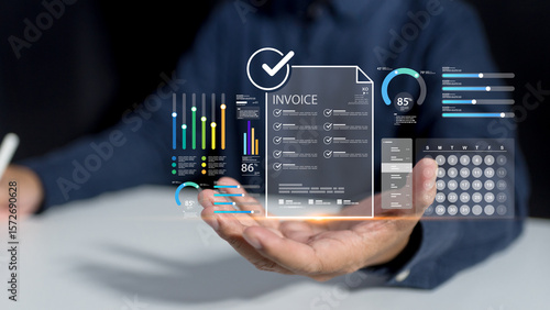 Photos Digital business manages finance using online accounting, electronic invoice, ta