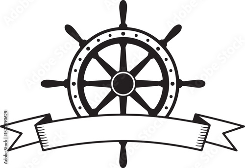 Ship's Wheel with Ribbon Silhouette Vector