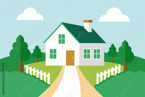 White Farmhouse With Green Shutters And Summer Garden