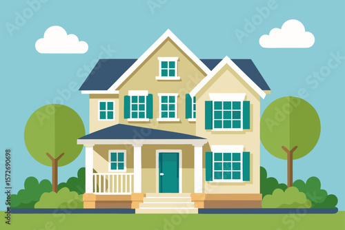 Two Story Suburban House With Porch And Lush Summer Greenery