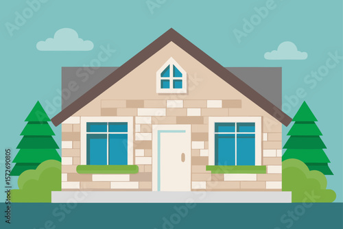 Suburban House With Stone Façade And Summer Window Boxes
