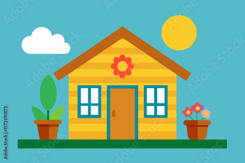 Small Timber Frame House With Colorful Flower Pots