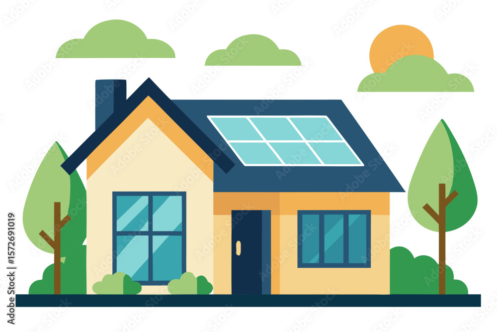 Fototapeta premium Modern Suburban Home With Solar Panels And Summer