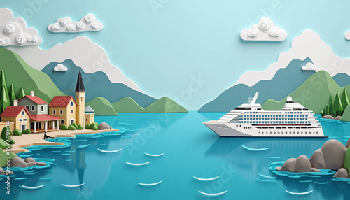A stylized illustration of a cruise ship sailing past a quaint coastal village nestled amongst mountains.