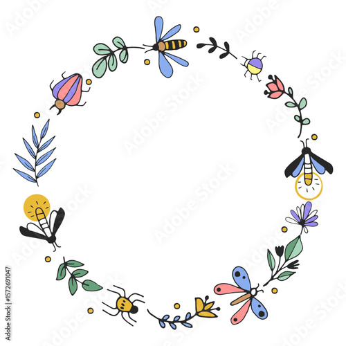 Hand drawn round vector floral frame with insect and leaf. Cute line art wreath. Element for greeting card.