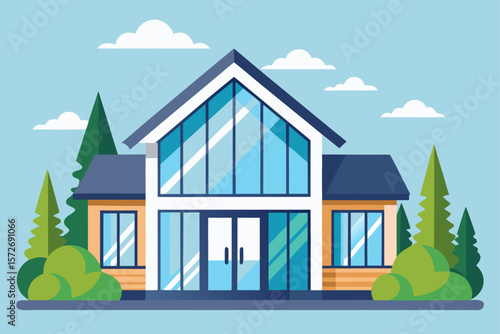 Modern Cottage With Large Windows And Summer Balcony
