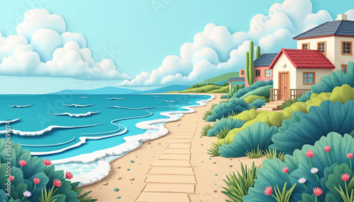 Coastal houses overlook a serene beach with gentle waves under a bright, cloudy sky.