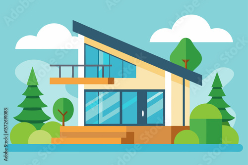 Modern Cottage With Large Windows And Summer Balcony