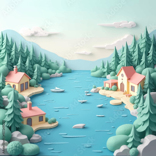 Serene papercraft lakeside village nestled amongst lush evergreens, boats gently bobbing on tranquil waters.