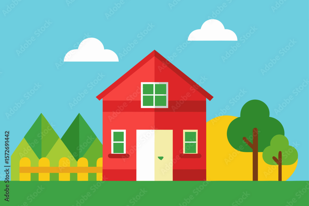 Fototapeta premium Classic Farmhouse With Red Door And Summer Vegetation