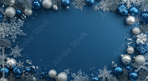 A festive winter themed background featuring ornaments, snowflakes, and evergreen branches against a navy blue surface.
