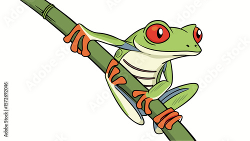 A cute, green, cartoon frog cheerfully smiles on a nature leaf, an adorable amphibian illustration