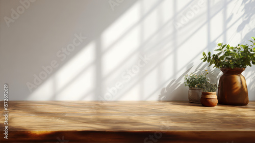 Natural light casts shadows on a wooden table