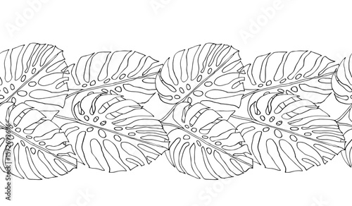 Monstera jungle leaves banner, floral seamless boarder for fabric textile or wallpapers. Vector tropical jungle leaves modern background