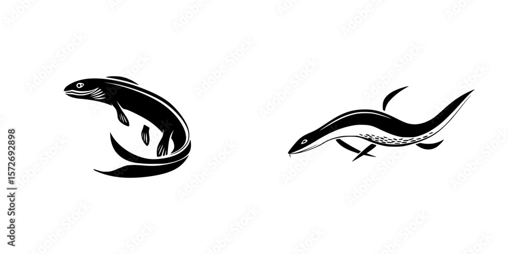 Obraz premium Pictogram set showcasing silhouettes of two distinct fish species illustrating aquatic life