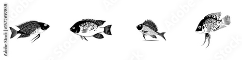 Silhouette pictogram icons set featuring various fish designs for use in informational graphics or aquatic themes