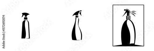 Silhouette pictograms of spray bottles for cleaning and personal care use in various sizes and styles