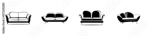 Different styles of silhouette couch icons in a minimalist design layout suitable for decoration and furniture themes