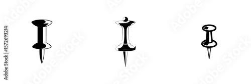 Silhouette pictogram set of push pins in various styles reflecting office supplies and organizational tools