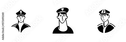 Silhouette pictogram set featuring police officers in various uniforms designed for clarity and easy identification in public signage