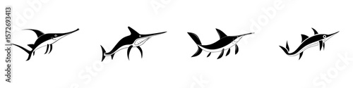 Silhouette pictogram set of swordfish in various poses for design and illustration purposes
