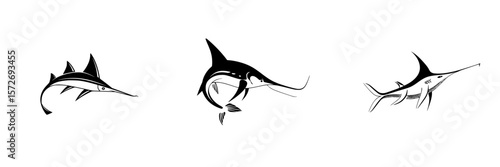 Silhouette pictograms of different types of fish showcasing unique features and designs in a minimalist style