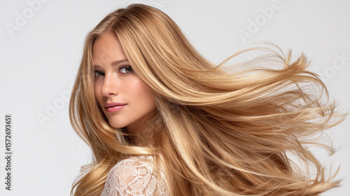 Blonde beauty: A captivating studio portrait showcases a graceful woman with flowing, radiant blonde locks that dance in the wind.