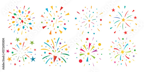 Vector art of a vibrant collection of colorful firework illustrations, perfect for celebratory designs and festive projects